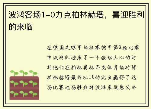 波鸿客场1-0力克柏林赫塔，喜迎胜利的来临