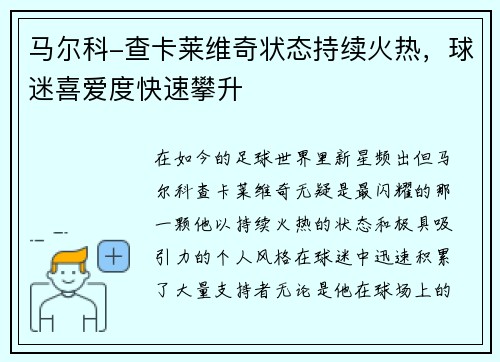 马尔科-查卡莱维奇状态持续火热，球迷喜爱度快速攀升